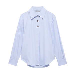 Women Casual Long Sleeve Blouse Loose Fit Polyester Button Down Shirt Decorative Buttons For Office Commute Fashionable Light Blue