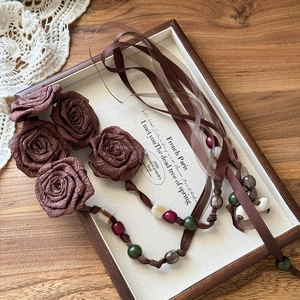 Vintage chiffon rose waist chain with silk ribbons and wooden beads for women