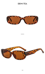Detail view of retro leopard print rectangle sunglasses with demi-tea tinted lenses