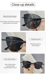 Detail view of round metal frame cat eye sunglasses with flexible hinges and anti-slip tips