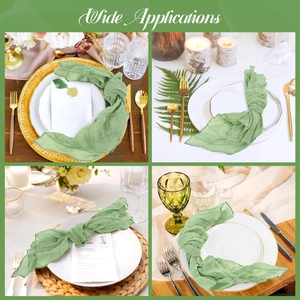 Sage green boho cheesecloth napkins for wedding table decor in four aesthetic setups