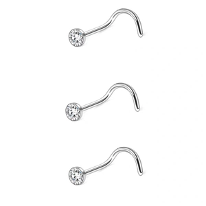 Three silver stainless steel nose rings with sparkling clear cubic zirconia crystals
