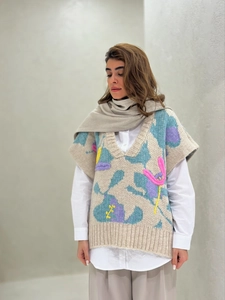 Floral V-neck knit vest sweater in cream with colorful abstract pattern for women