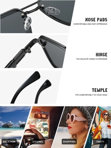 Detailed views of square sunglasses featuring reinforced hinges and comfortable nose pads