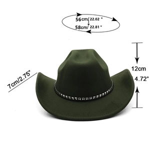 Dark green wool felt western cowboy hat with studded band and detailed size dimensions