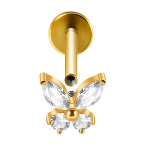 Gold F136 titanium butterfly labret stud with marquise zircon and internal thread detail