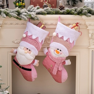 Pink Christmas Stockings Plush Knit Santa Claus Snowman Dimensional Design Hanging Holiday Home Decor Large Gift Bag