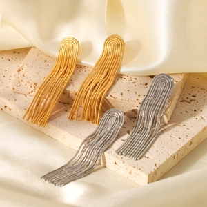 Chic 18K gold and silver stainless steel long chain tassel earrings on elegant display