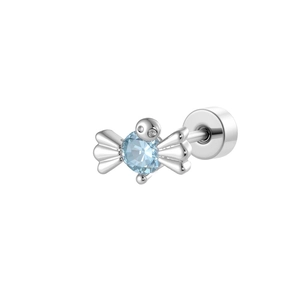 Orecchino a fiocco in argento con zircone azzurro e chiusura a vite su bianco