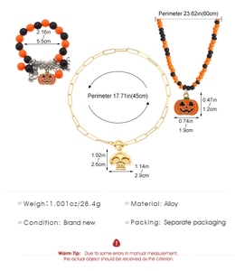 Especificaciones de tamaño para el conjunto de collar y pulsera con dijes de calabaza y fantasma