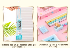 Detailed view of kids 5-in-1 stationery set with pink cat motifs and pencil accessories