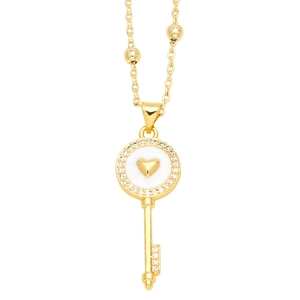 Elegant gold key necklace with heart detail and white zircon inlay on beaded chain