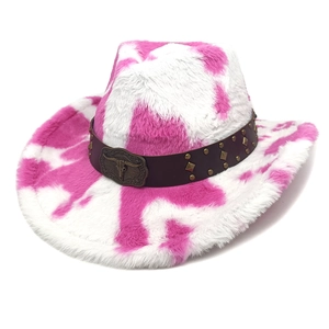 Pink and white cow print plush cowboy hat featuring a vintage bull head metal buckle
