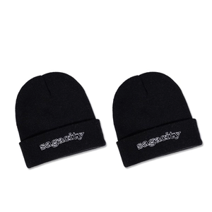 Two black knitted beanies with Sagacity embroidery on a clean white background