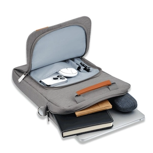 Grey 11-13 inch iPad tablet sleeve with leather handle showing organized interior storage
