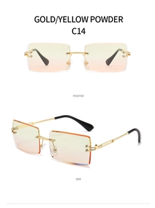 Frameless square sunglasses with gold metal temples and yellow-pink gradient lenses