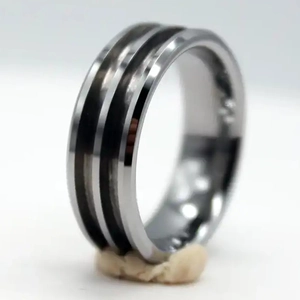 Modern wide tungsten steel ring with black brushed stripes and silver polished edges