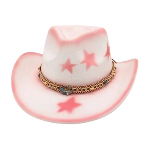 Pink and white gradient cowboy hat with star patterns and gold metallic braided band