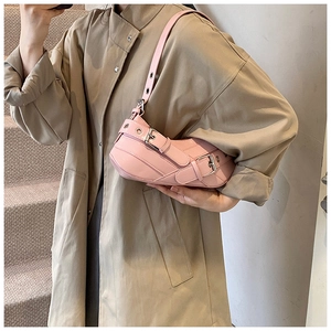 Pink PU leather underarm bag with silver metal buckles and eyelets in retro Y2K style