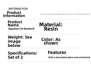 Detailed information chart for resin Egyptian cat bookends showing specs and materials