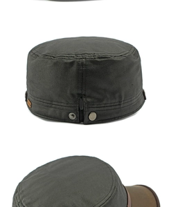 Detailed back and side view of dark grey flat top cap with brown leather brim