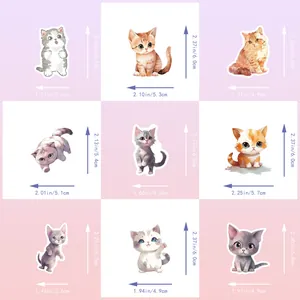 Size chart showing watercolor cat stickers dimensions in inches and centimeters for laptops