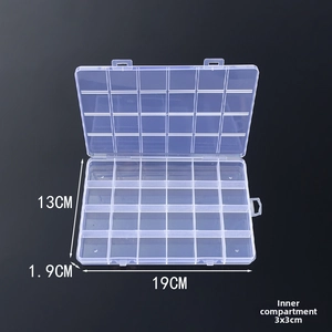 Detail view of 24 grids plastic organizer box with dimensions 19x13x1.9cm and dual locks