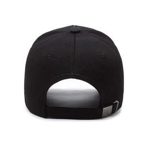 Rear view of black cotton baseball cap with adjustable metal buckle and D-ring detail