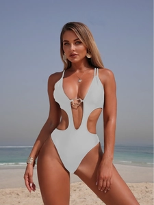 Sexy light grey one-piece swimsuit with cutout waist and gold ring hardware detail