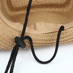 Straw sun hat with adjustable black chin strap and high-quality woven texture
