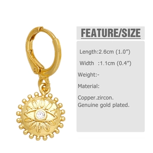 Detailed view of evil eye hoop earring with zircon inlay and product dimensions