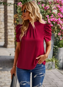 Burgundy short sleeve satin blouse with puff sleeves and pleated stand collar detail