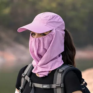 Breathable outdoor sun protection hat with full face mask and neck flap in light purple