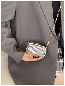 Detailed view of silver metallic mini crossbody bag with sleek metal chain and textured finish
