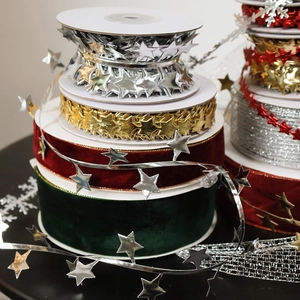 Christmas DIY floral ribbon set with gold and silver stars on velvet and mesh rolls