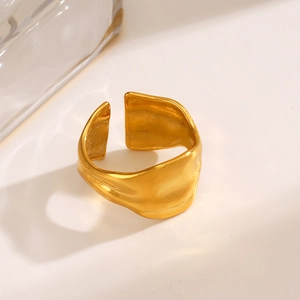 Minimalist thick gold irregular lava texture open ring with polished metal finish