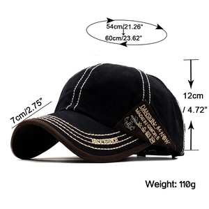 Detail showing the cotton baseball cap dimensions with contrast stitching and embroidery