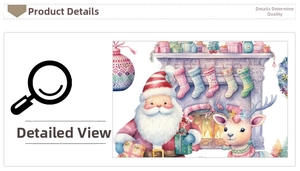 Detail of watercolor Santa and reindeer wall sticker with festive fireplace and gift boxes