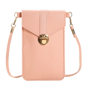 Pink PU leather crossbody phone bag with gold clasp and shoulder strap on white background