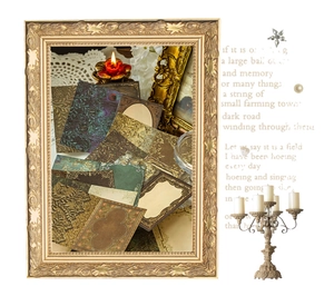 Detail of vintage vellum paper material set in an ornate frame with pearls and candles