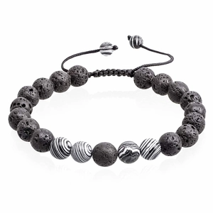 Détail des perles en pierre de lave noire et perles rayées sur cordon ajustable