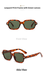 Detail view of leopard print rectangular sunglasses with dark green lenses and metal accents