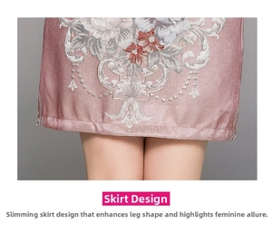 Detail of pink silk dress showing intricate floral embroidery and hem design