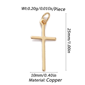 Macro shot of 25mm gold plated copper cross pendant with precise weight and size specs