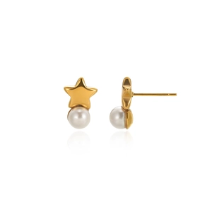 Detailed view of 18K gold star earrings with pearls on a clean white background