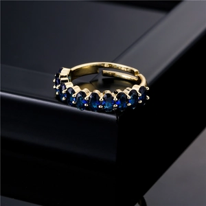 Oval blue crystal geometric open ring in 18K gold plated copper for women