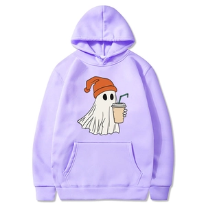 Lavender long-sleeved Halloween hoodie featuring a cartoon ghost with coffee cup print