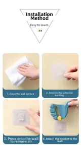 Four-step installation guide for wall-mounted mop holder with adhesive backing