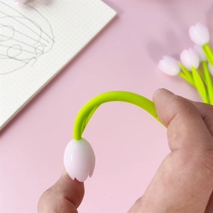 Creative tulip-shaped gel pen with flexible green stem and pink color-changing flower head