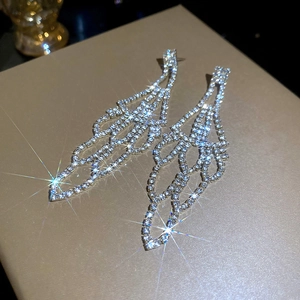 Detail of silver-colored tassel earrings with rhinestones on a textured jewelry box